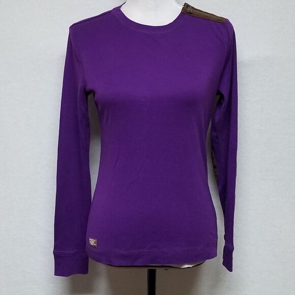RALPH Lauren Purple Brown Faux Suede Elbow Patch Shoulder Zip Long Sleeve Top - Picture 2 of 13
